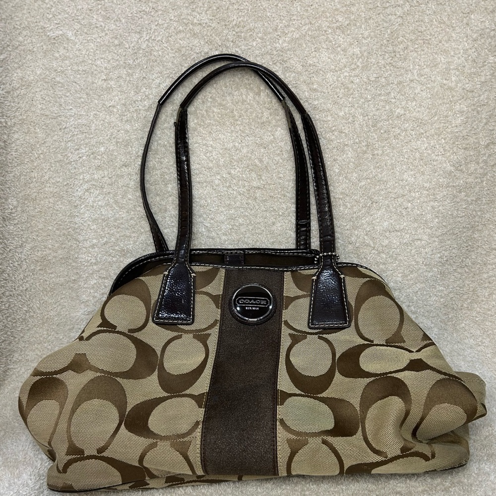 COACH Signature Framed Kisslock Stripe, Shoulder Bag, Purse, brown & tan